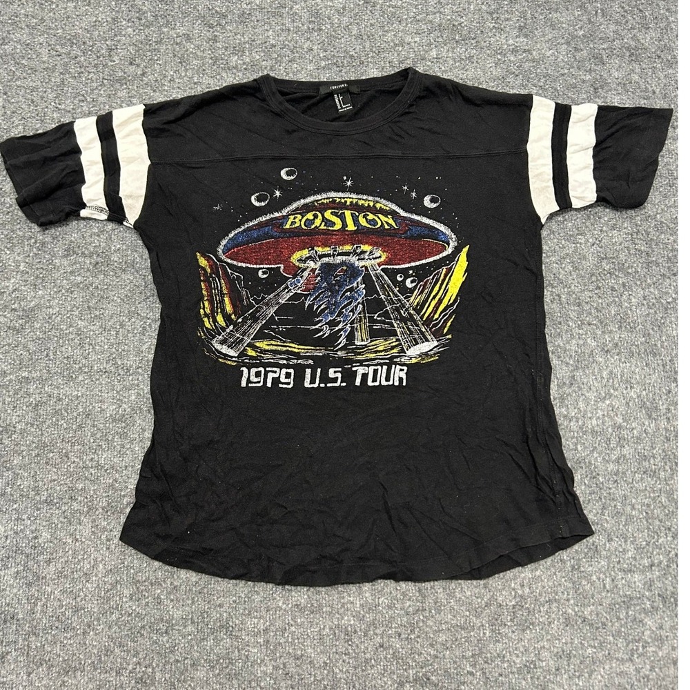 Forever 21 T-Shirt Womens Size S Black Boston 1979 Tour Graphic Striped Sleeve